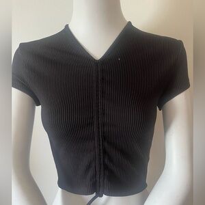 Divided Black Ruched Ribbed Crop Blouse